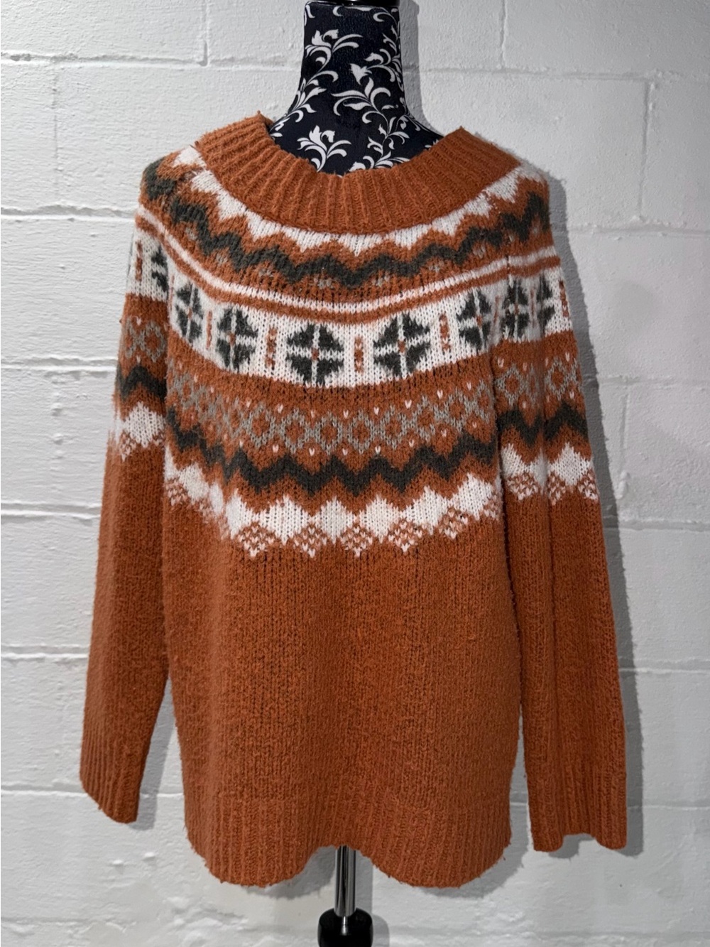 Aerie Fair Isle Chunky Knit Sweater Rust Orange Cozy Oversized Pullover | Size M